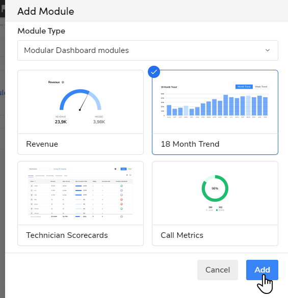 Add Module: Module Type in Dashboards