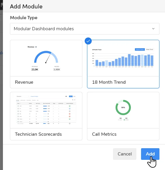 Add Module: Module Type in Dashboards