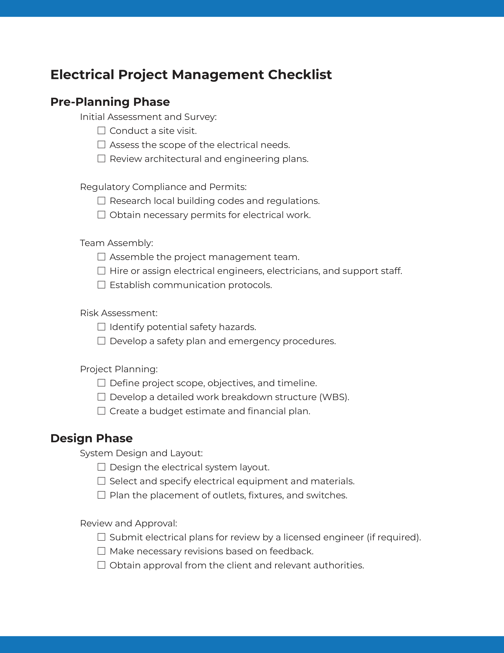 Electrical Project Management Checklist template: Page One