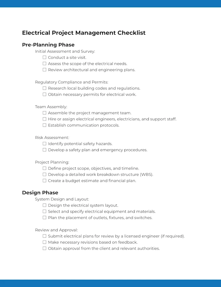 Electrical Project Management Checklist template: Page One