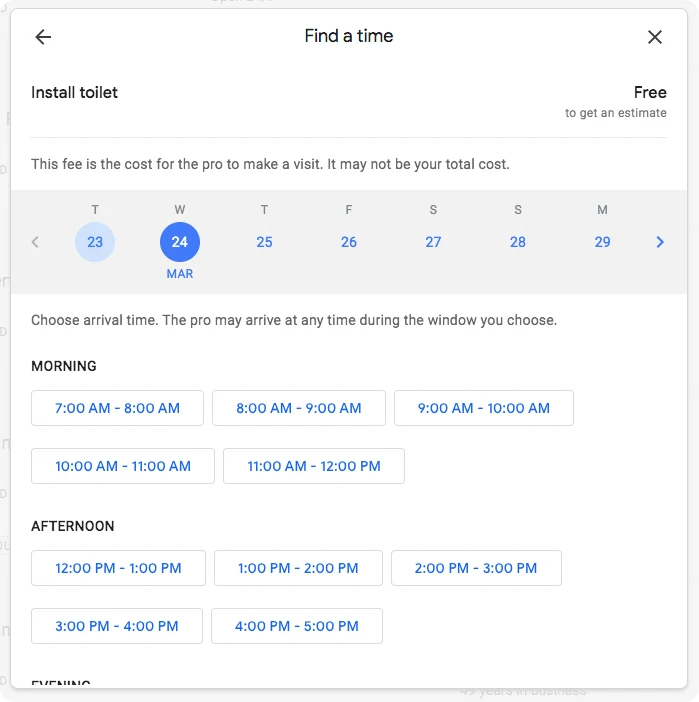 Find a time for a plumbing appointment from Google Local Services Ads