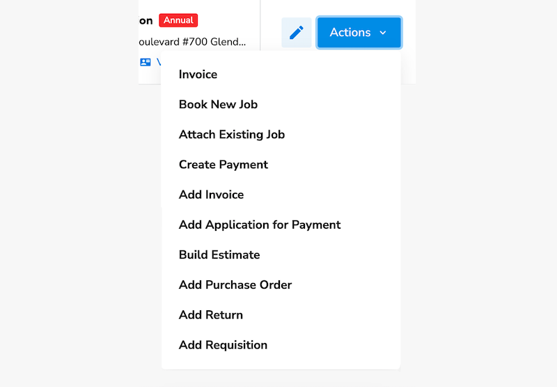Job Actions: Invoice, Payment, Estimate, Purchase Order