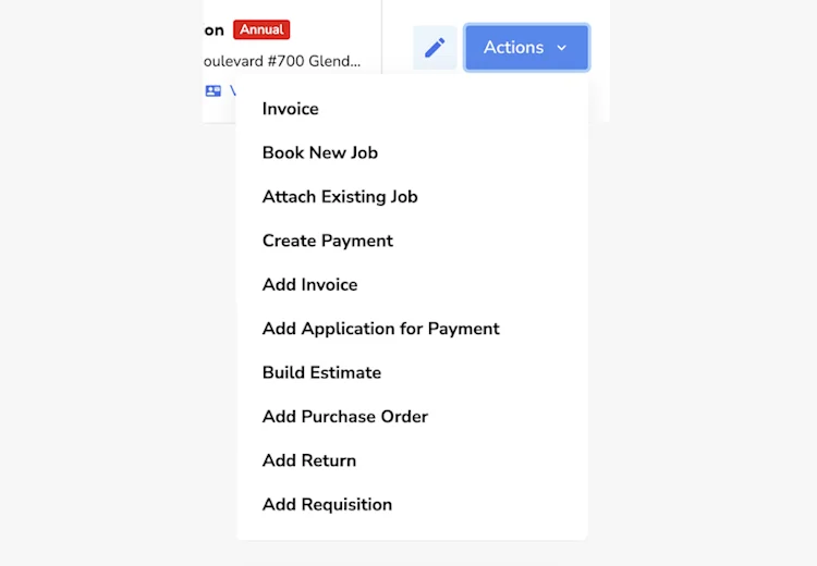Job Actions: Invoice, Payment, Estimate, Purchase Order