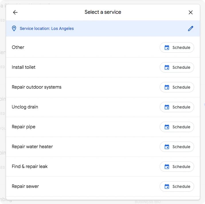Selecting a plumbing service from Google Local Services Ads