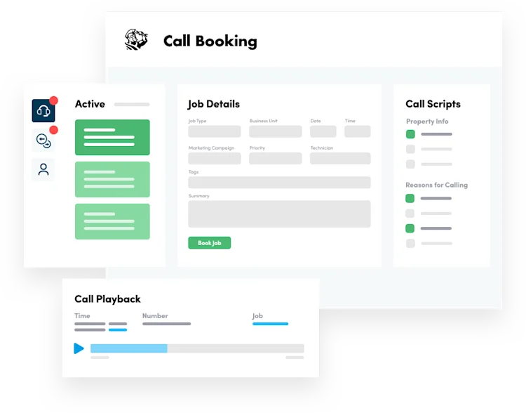 Call Booking: Job Details, Call Playback, Call Scripts, Active, etc.