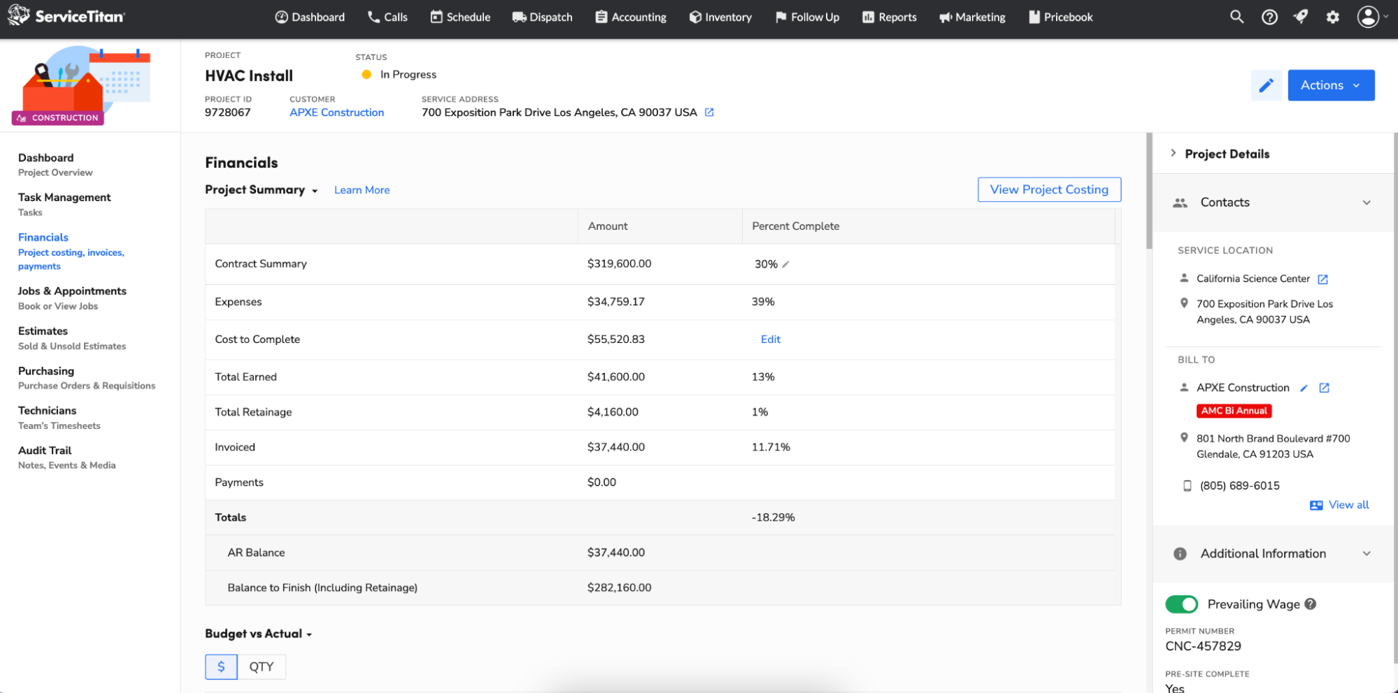 HVAC Install Financials within ServiceTitan