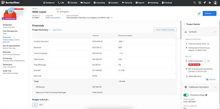 HVAC Install Financials within ServiceTitan