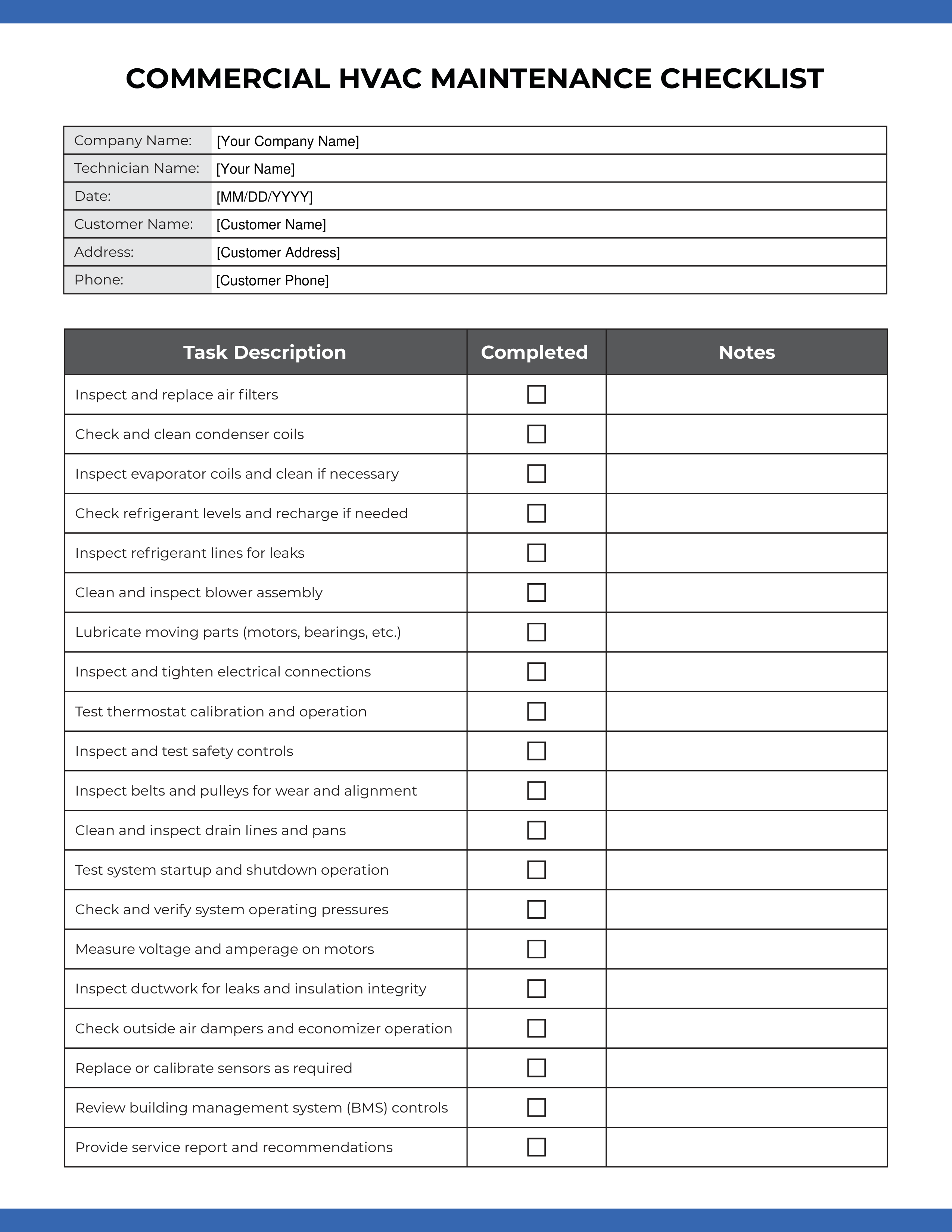 Commercial HVAC Maintenance Checklist: Page 1 of 2