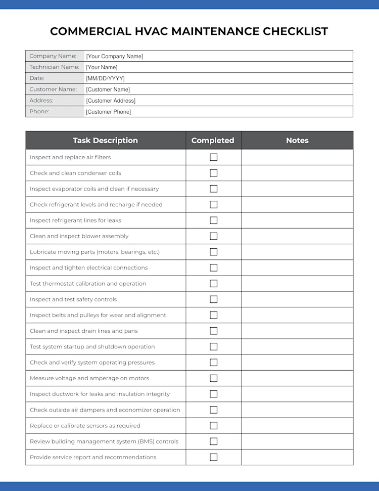 Commercial HVAC Maintenance Checklist: Page 1 of 2