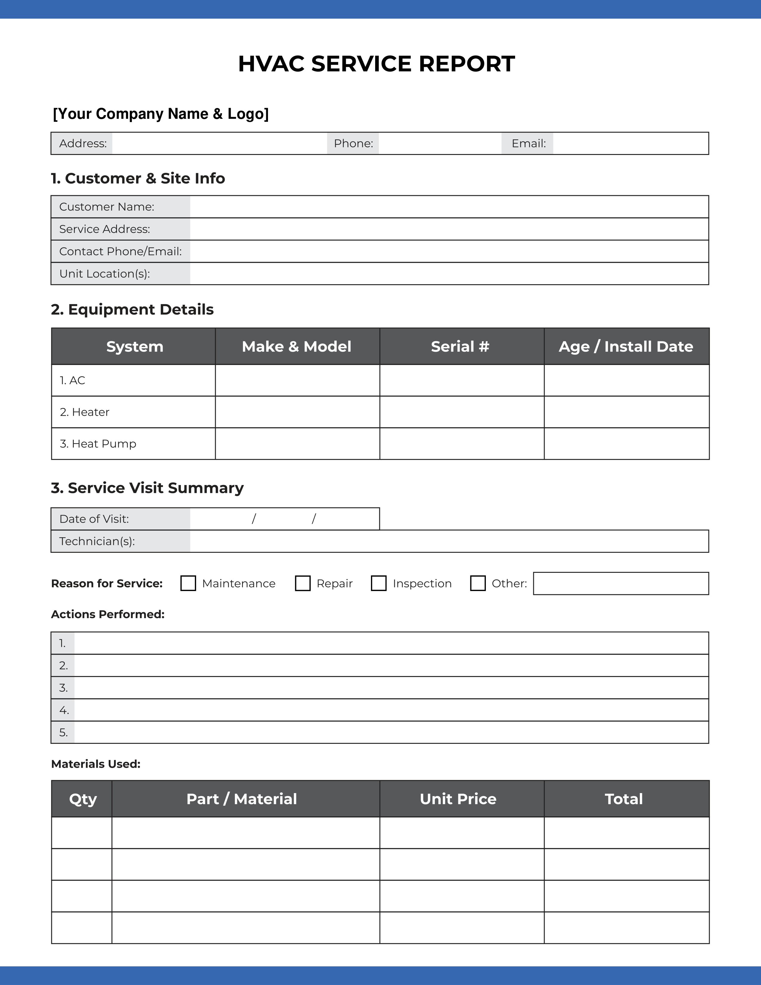 HVAC Service Report Template: Page 1 of 2