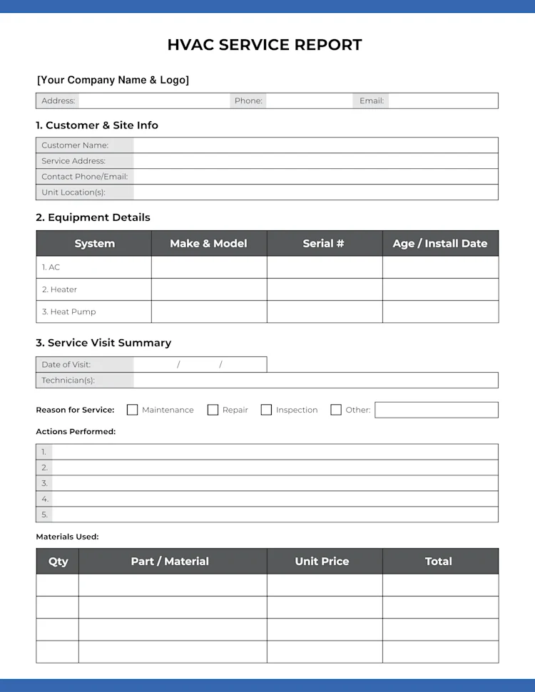 HVAC Service Report Template: Page 1 of 2