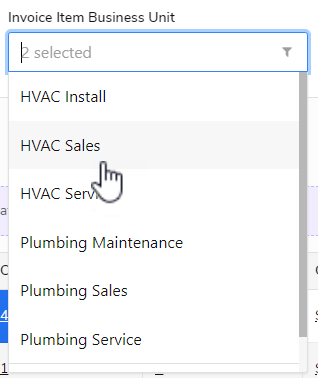 Invoice Item Business Unit: HVAC Sales example