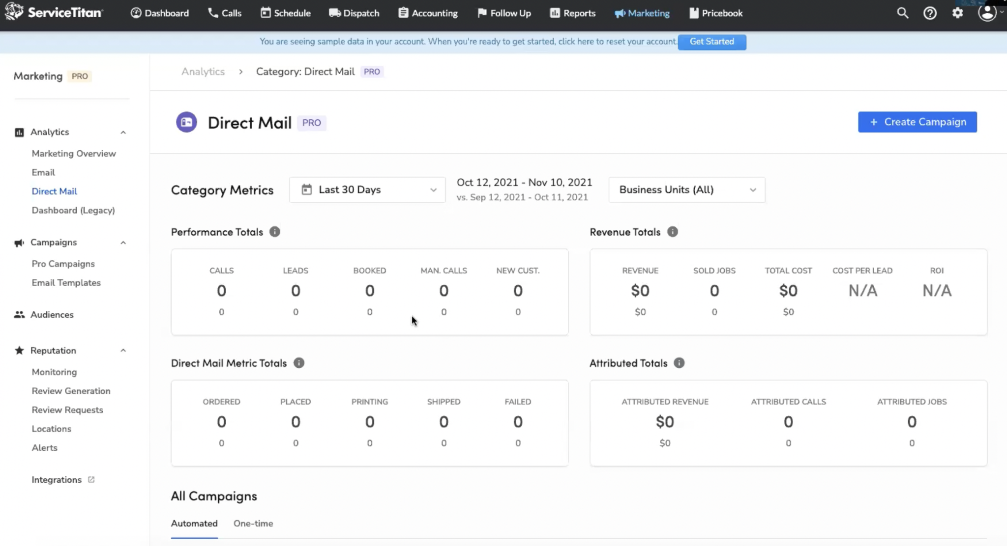 Direct Mail Performance Metrics in ServiceTitan's Marketing Pro