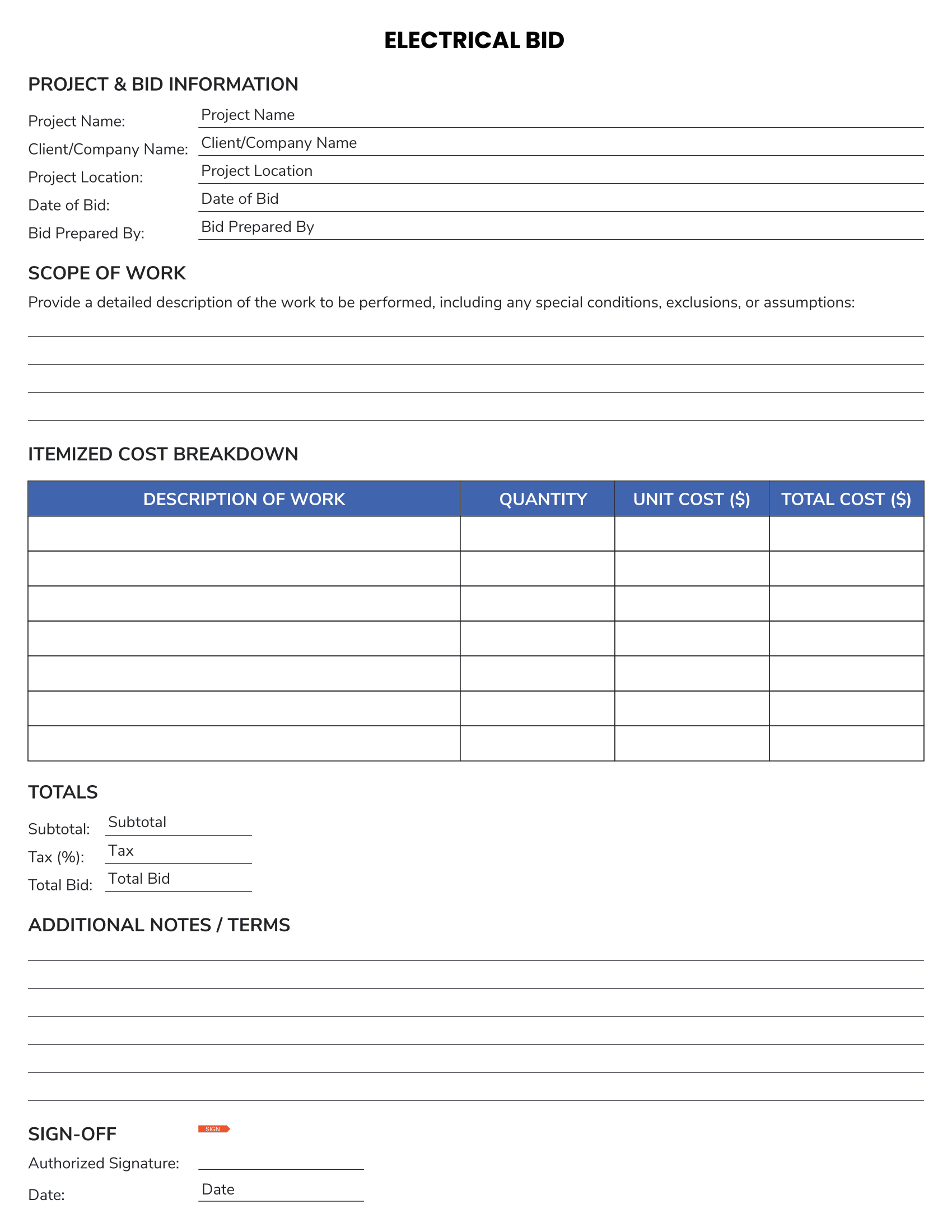 Electrical Bid Template | Page 1