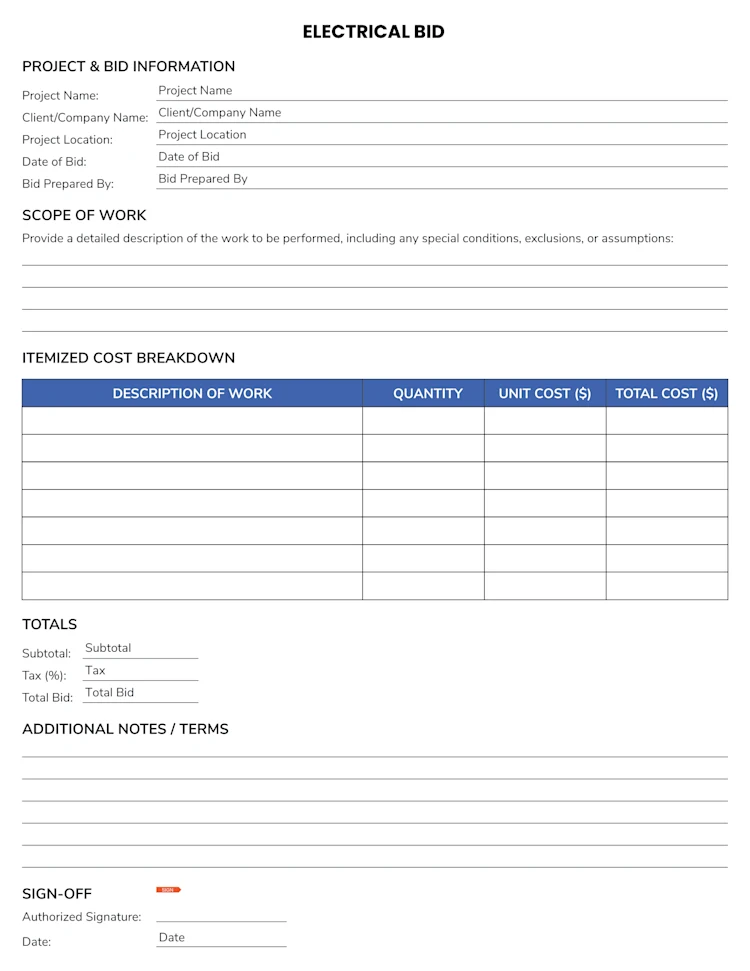 Electrical Bid Template | Page 1