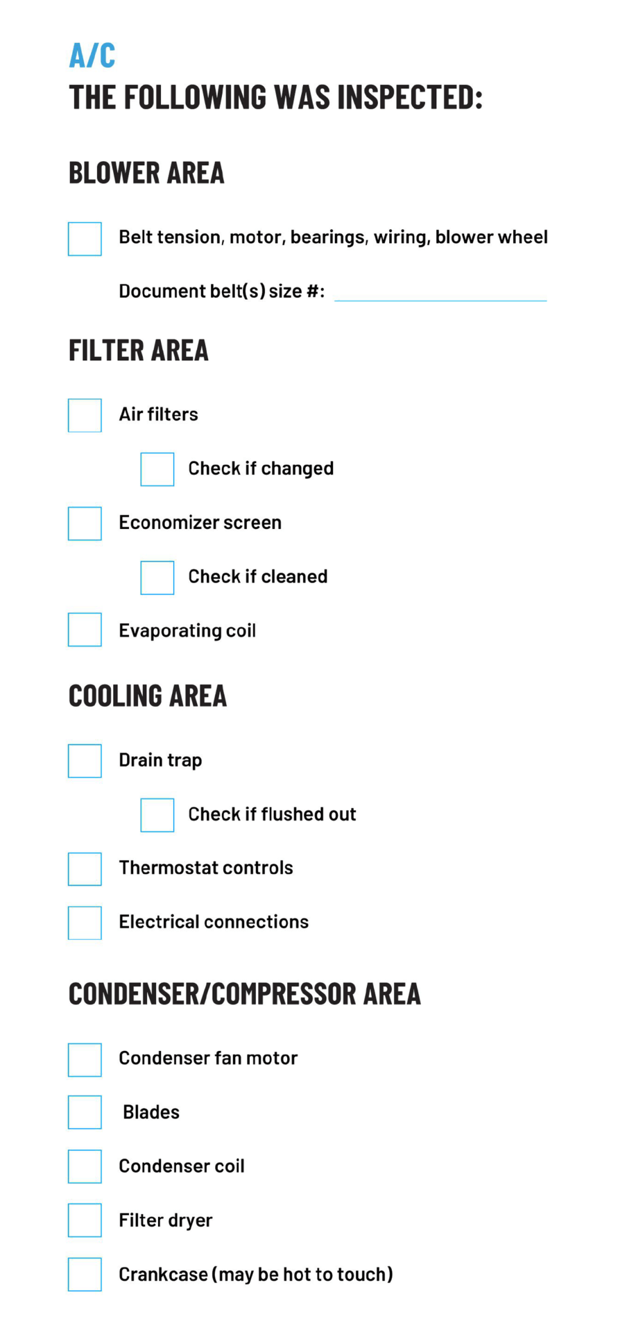 HVAC Inspection Checklist: A/C Areas