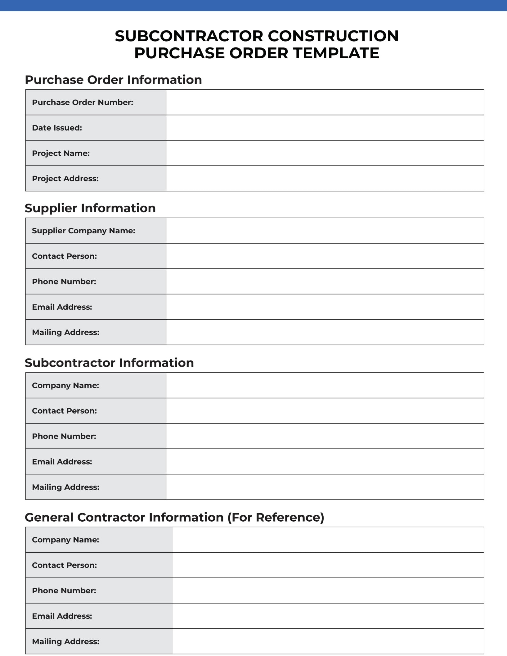 Subcontractor Construction Purchase Order Template: Page 1 of 3