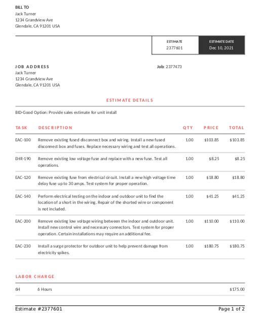 Estimate Details (Task, Description, Cost) for Jack Turner in Glendale