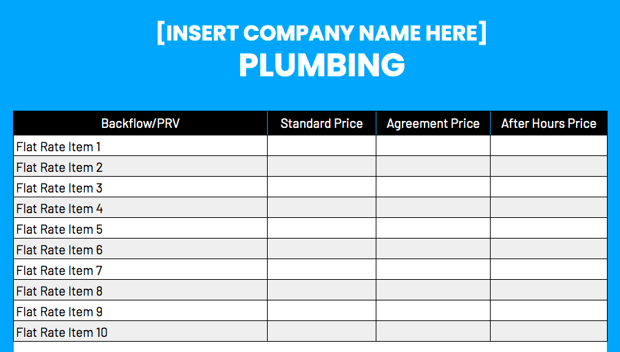 Free Plumbing Price List Template by ServiceTitan: Flat Rate Items