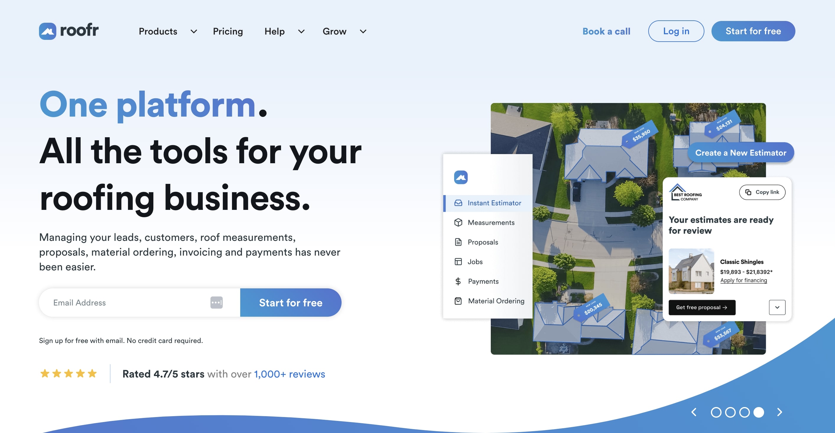 Roofr homepage: All the tools for your roofing business.
