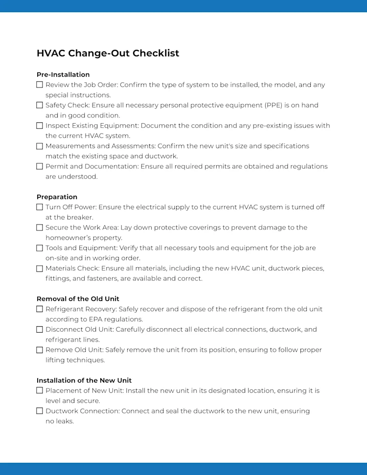 ServiceTitan's Free HVAC Change-Out Checklist (Page 1 of 2)