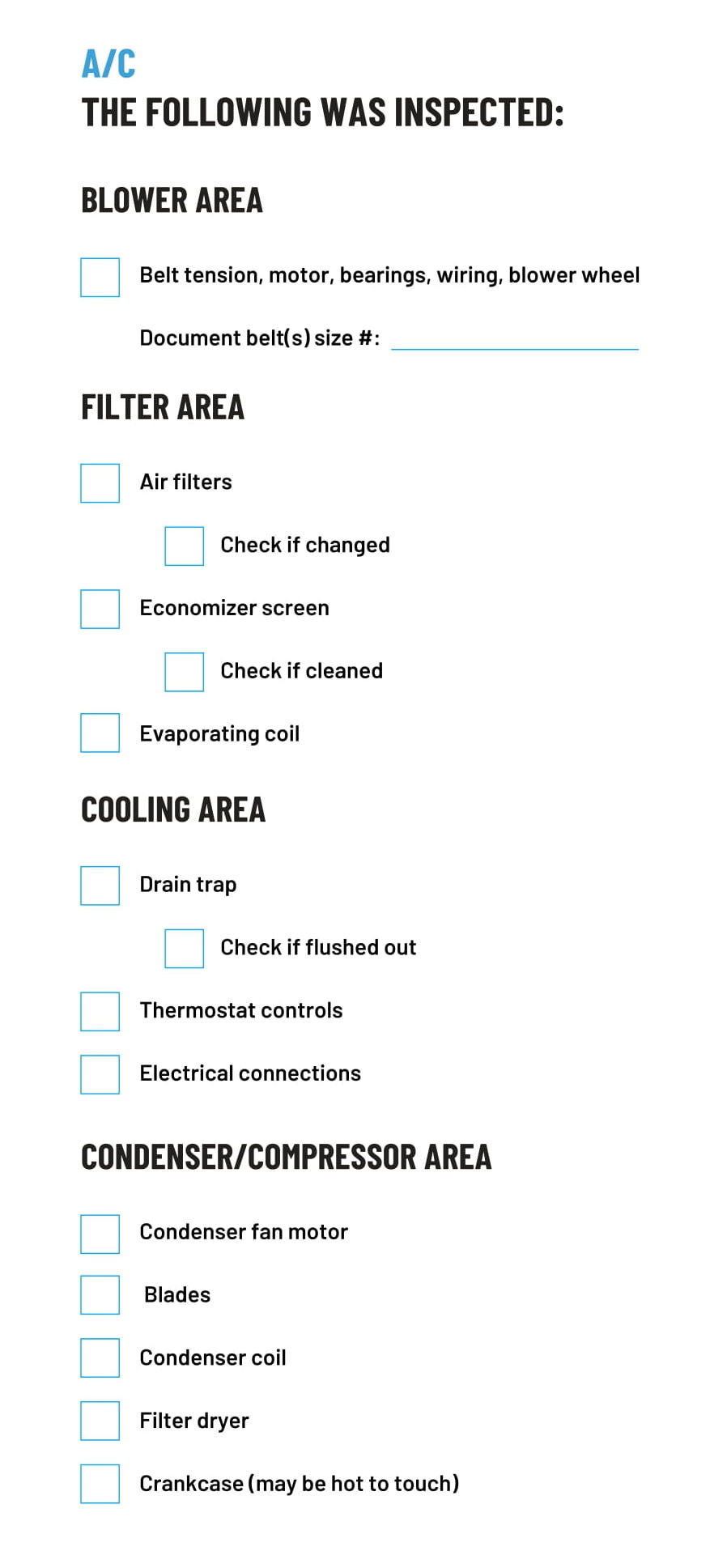 HVAC Inspection Checklist: A/C Blower, Filter, Cooling, Condenser/Compressor Areas