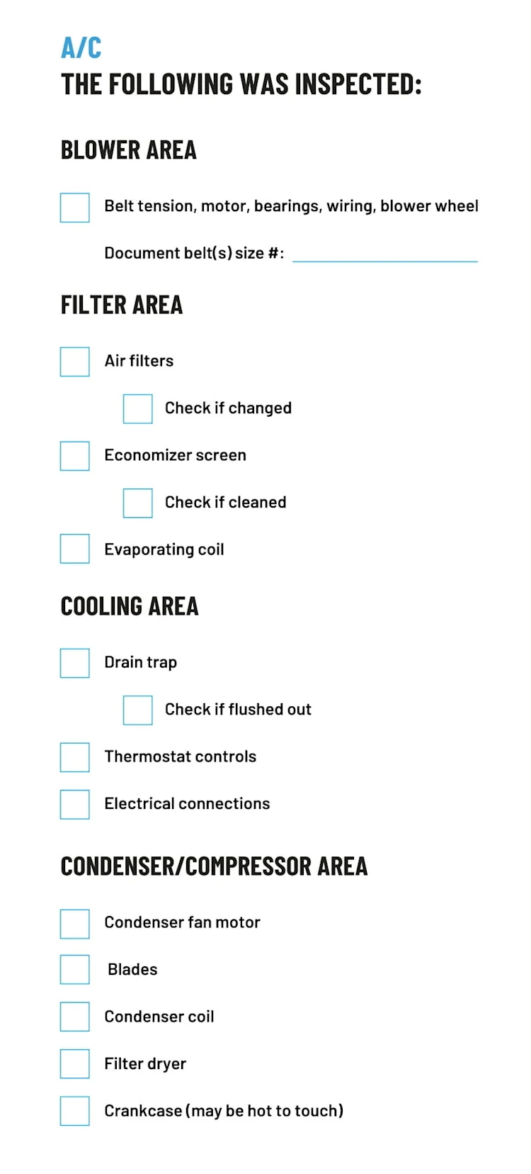 HVAC Inspection Checklist: A/C Blower, Filter, Cooling, Condenser/Compressor Areas