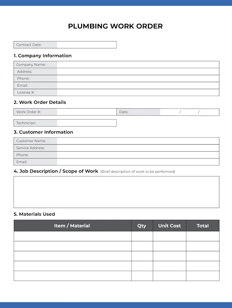Plumbing Work Order Template: Page 1 of 2
