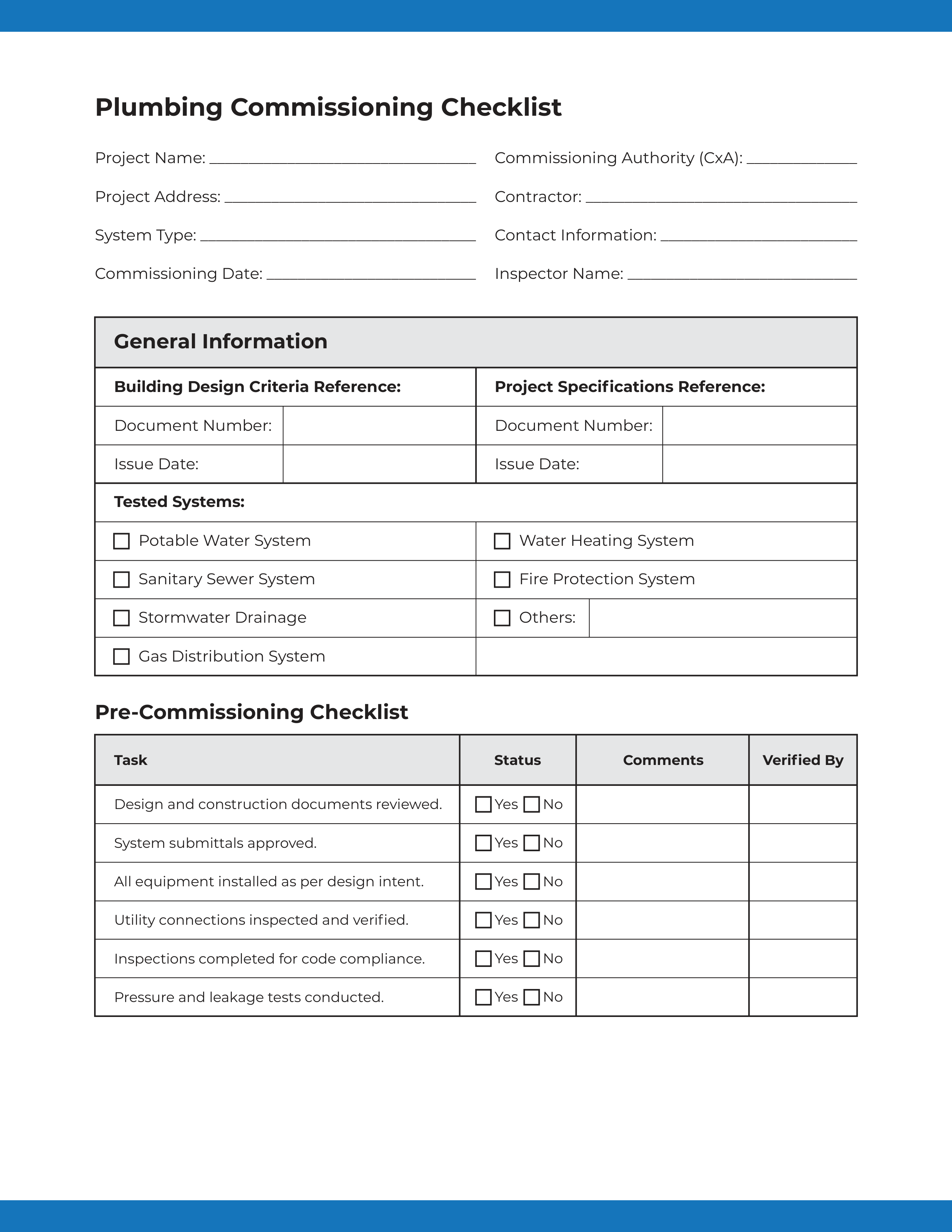 Plumbing Commissioning Checklist (Page 1 of 4)