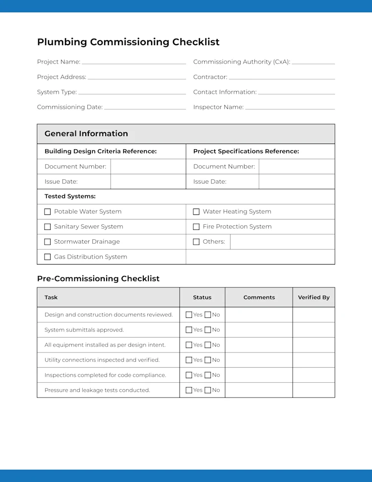 Plumbing Commissioning Checklist (Page 1 of 4)