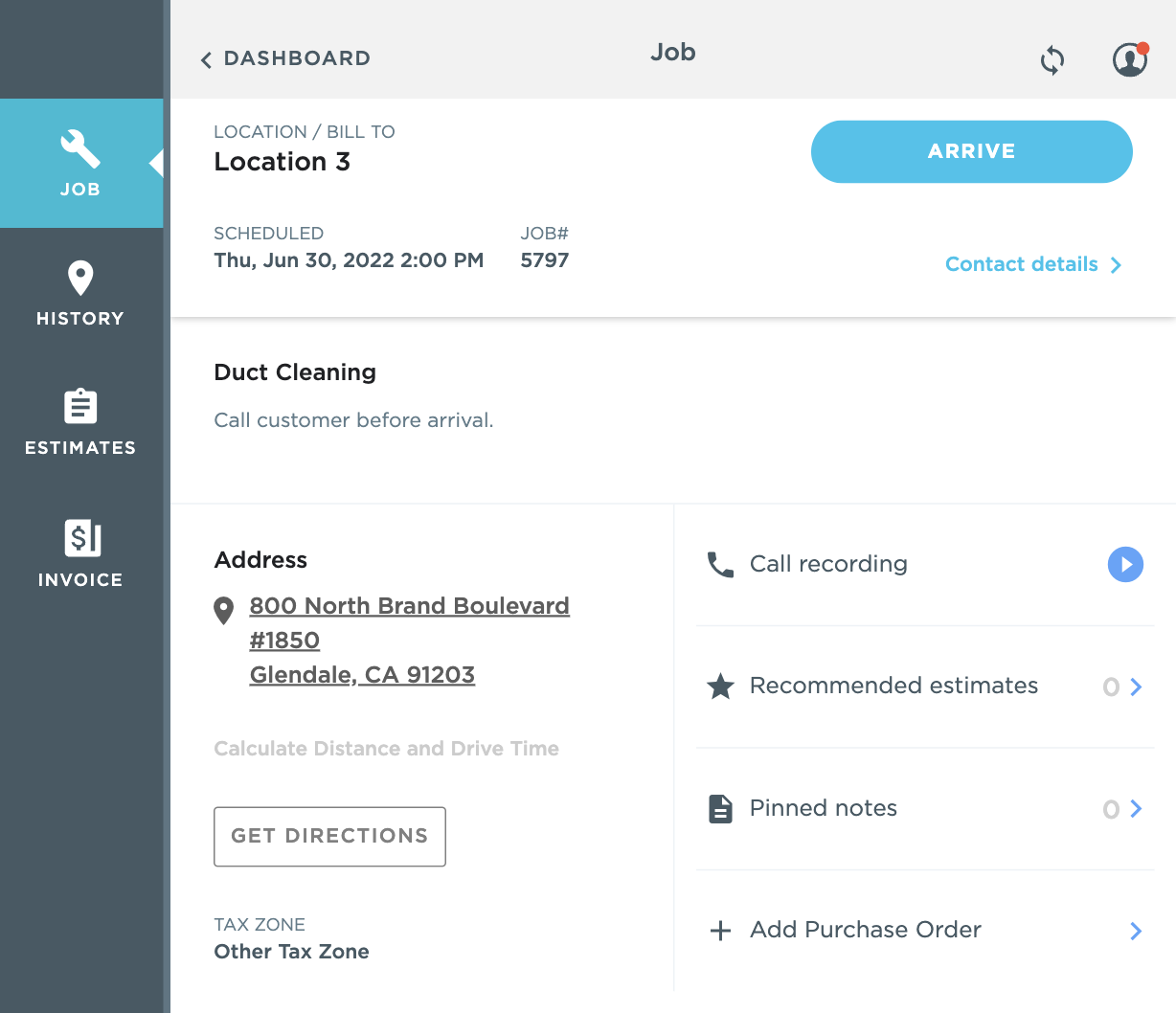 Job Details Dashboard: Location, Address, Notes (Glendale, CA)