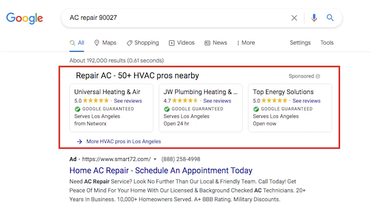 Google Local Services Ads example for the search "AC repair 90027"