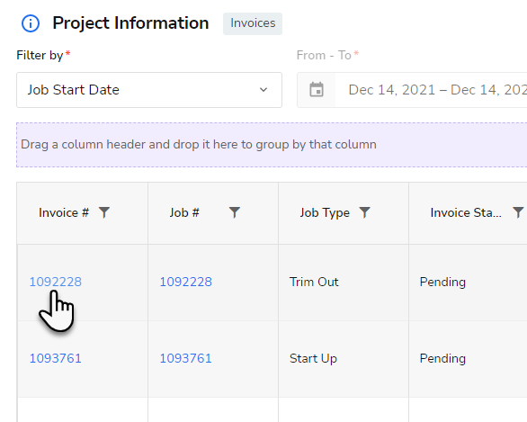 Project Information: Invoice #, Job #, Job Type, Invoice Status