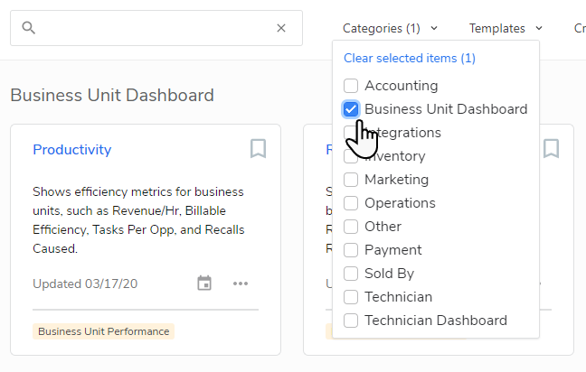 Business Unit Dashboard example