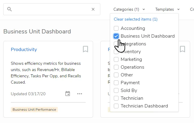 Business Unit Dashboard example