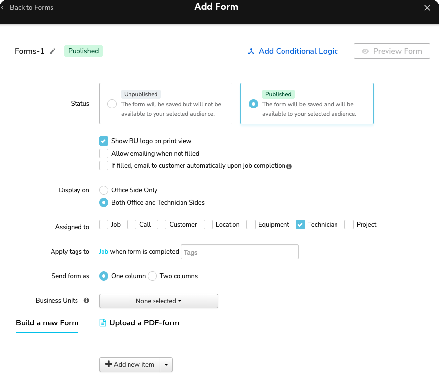 Add form: Status, Display as, Assigned to, Business units