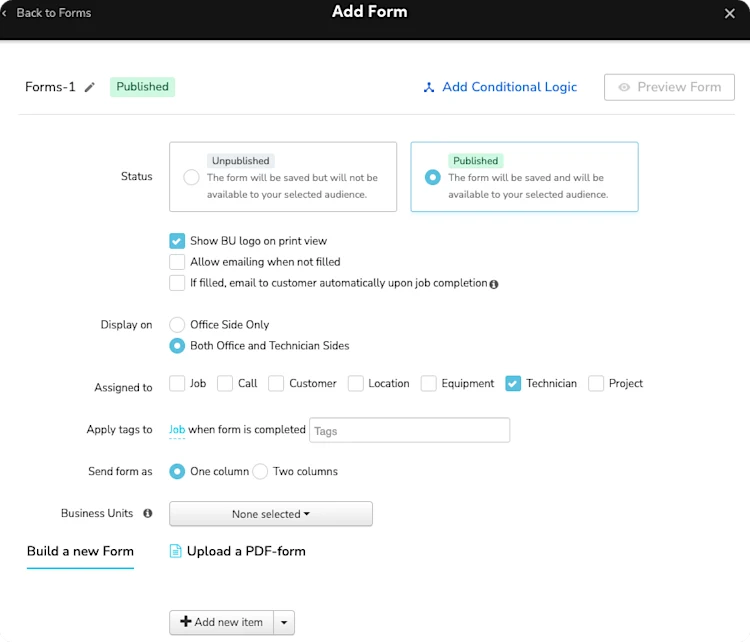Add form: Status, Display as, Assigned to, Business units