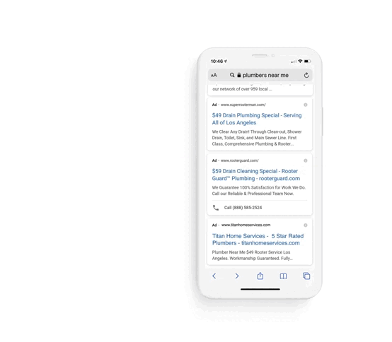 Google Guaranteed SERP for plumbers near me (GIF mobile)