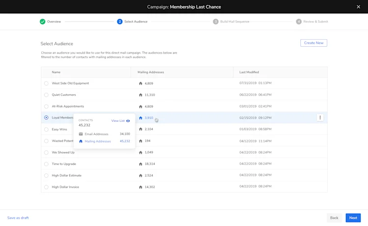 Selecting the audience for a direct mail campaign in ServiceTitan