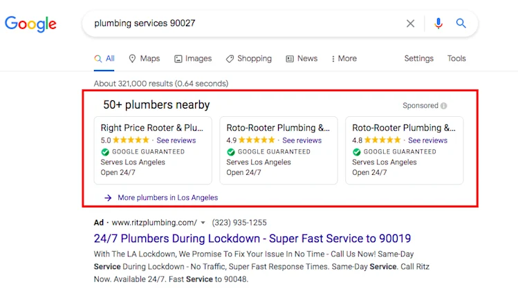 Google search for "plumbing services 90027"