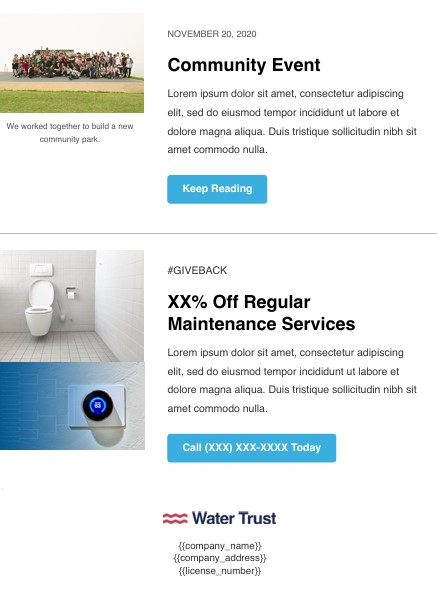 Plumbing newsletter with community events