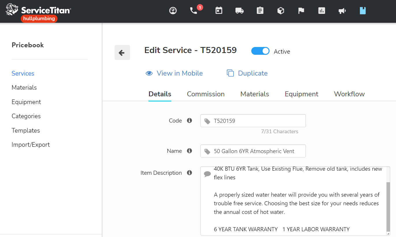 Pricebook: Edit Service - T520159 (Atmospheric Vent)