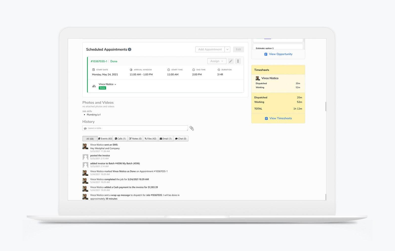 Scheduled appointments, previous work orders, and prior communications are easily saved in ServiceTitan to reference at any time