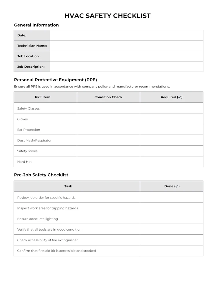 HVAC Safety Checklist: Page 1 of 3