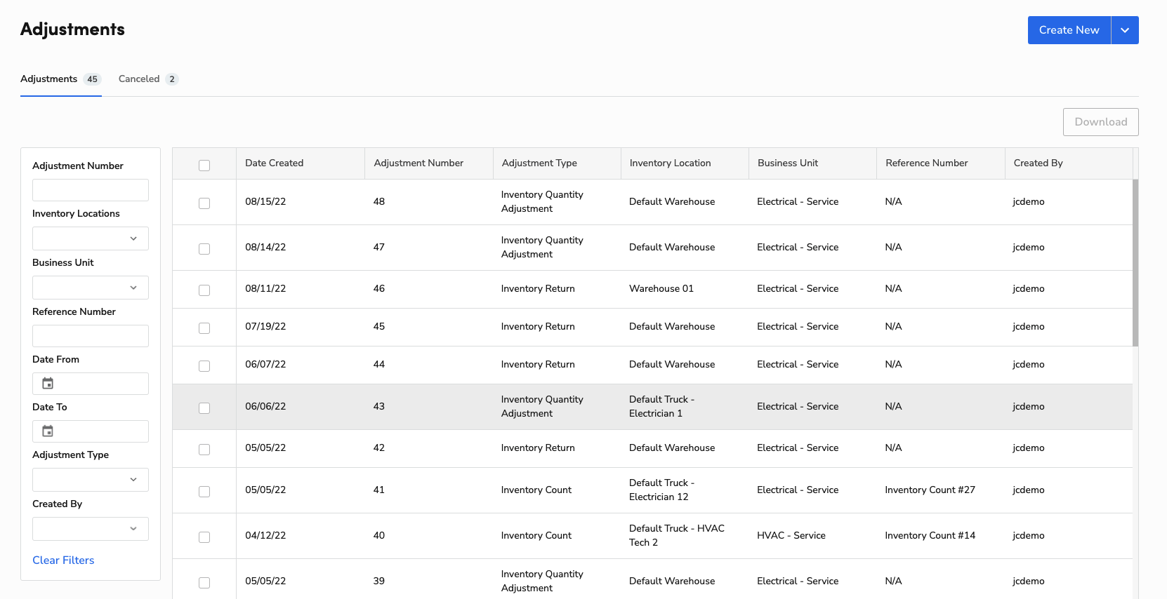 Adjustments to Inventory: Adjustment Number, Type, Location, Reference Number