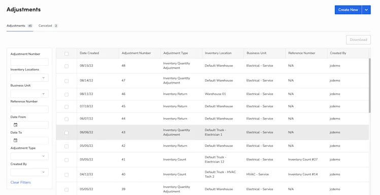Adjustments to Inventory: Adjustment Number, Type, Location, Reference Number