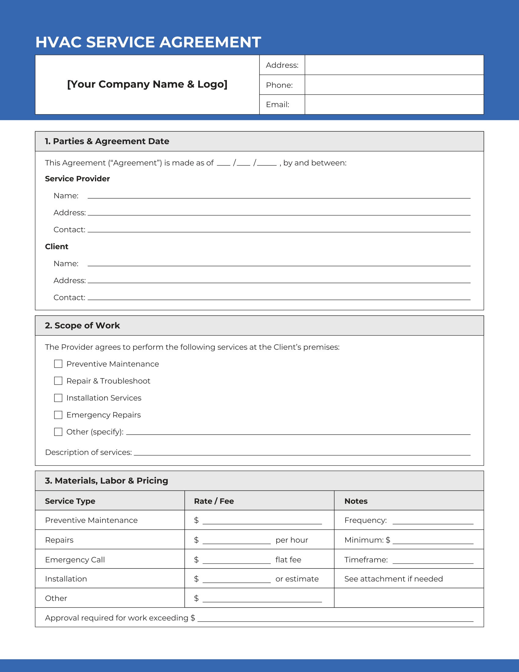 HVAC Service Agreement template: Page 1 of 2