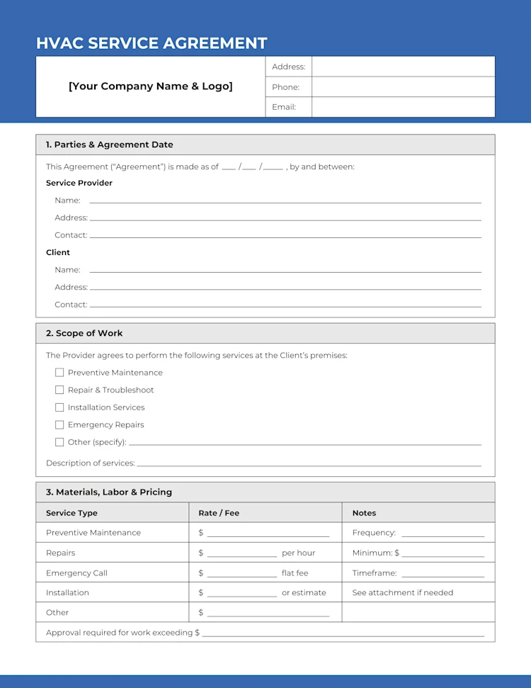 HVAC Service Agreement template: Page 1 of 2