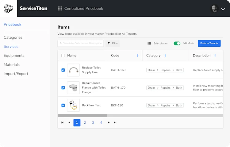 Pricebook categories and subcategories