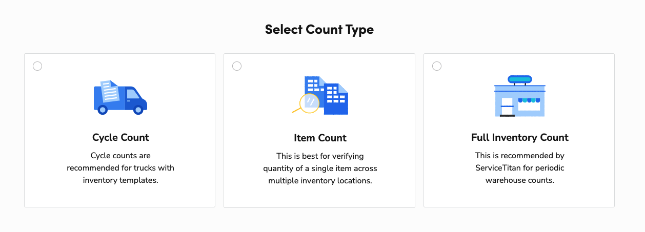 Select Count Type: Cycle Count, Item Count, Full Inventory Count